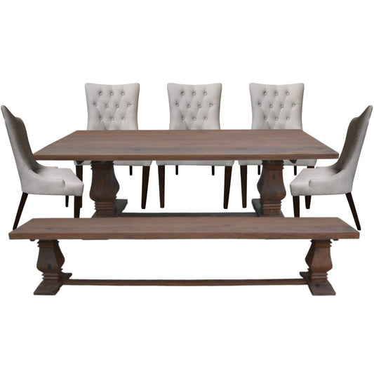 Florence  7pc Dining Table Set 230cm 5 Chair 1 Seat Bench French Provincial - Cosy Abode