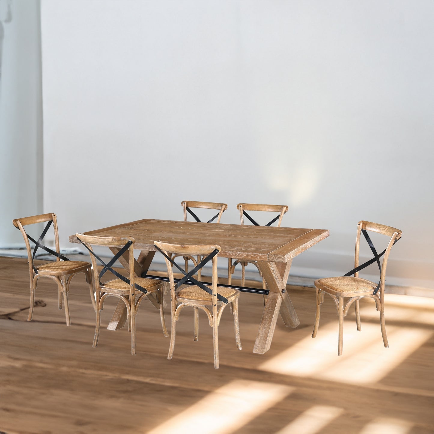 Woodland 8pc Set Dining Chair X-Back Birch Timber Wood Woven Seat Natural - Cosy Abode