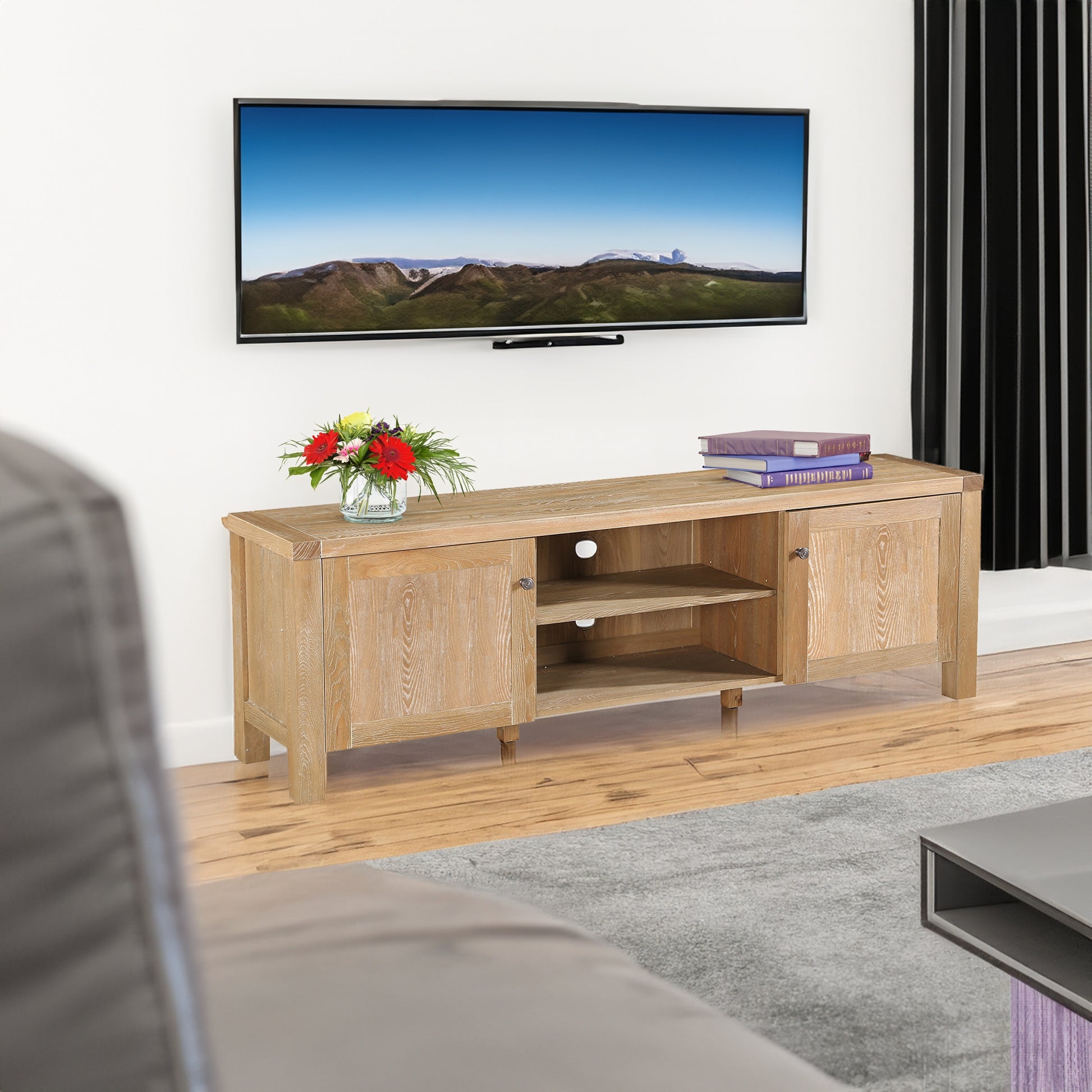 Woodland 140cm ETU Entertainment TV Unit Timber Wood 2 Door Natural - Cosy Abode