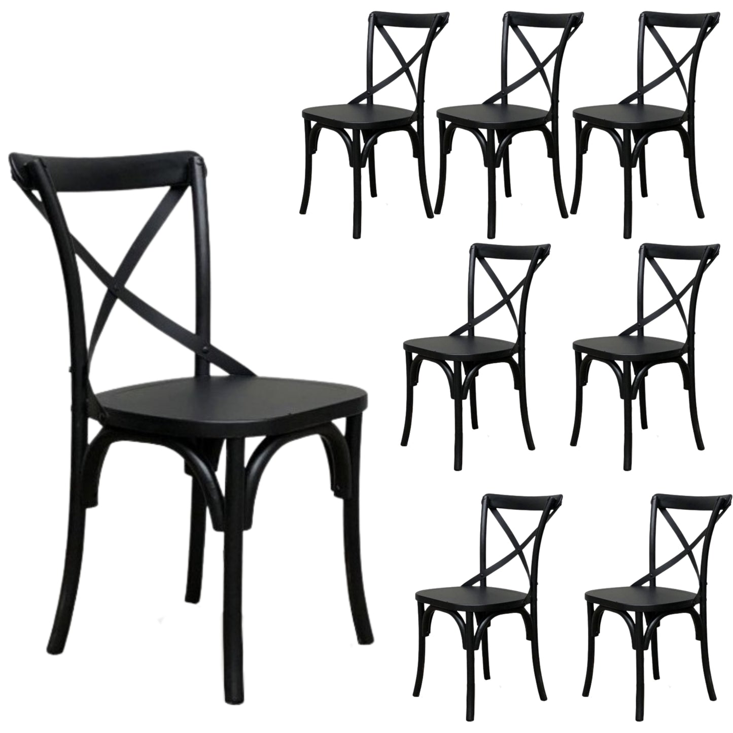 Rustica 8pc Set Dining Chair X-Back Solid Timber Wood Seat Black - Cosy Abode