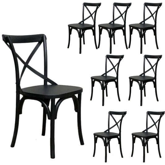 Rustica 8pc Set Dining Chair X-Back Solid Timber Wood Seat Black - Cosy Abode