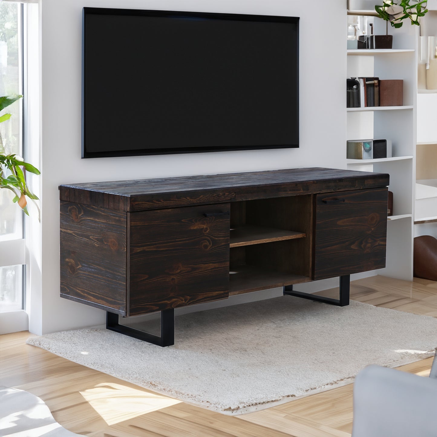 Rustica 160cm ETU Entertainment TV Unit Solid Pine Wood 2 Door Black - Cosy Abode