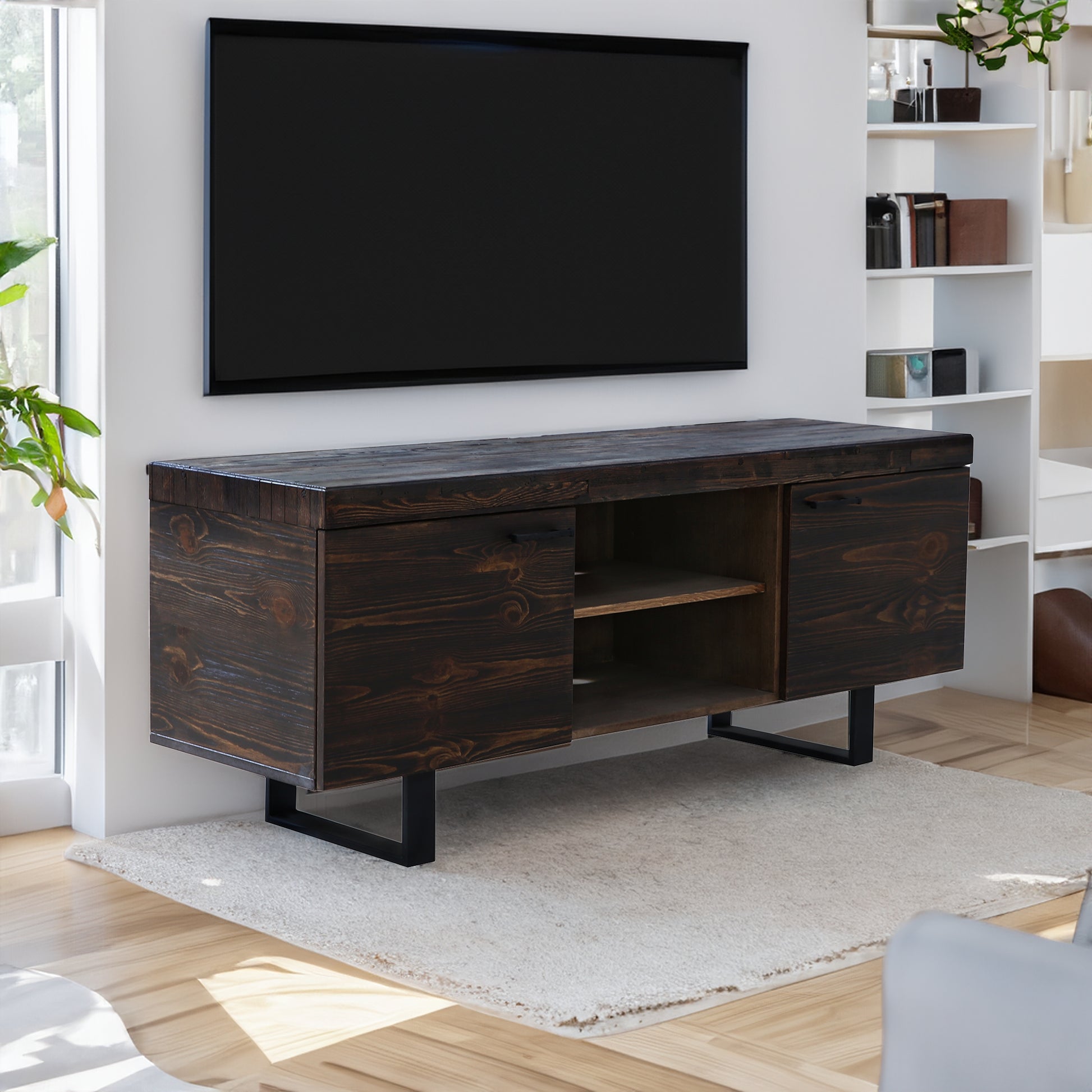 Rustica 160cm ETU Entertainment TV Unit Solid Pine Wood 2 Door Black - Cosy Abode