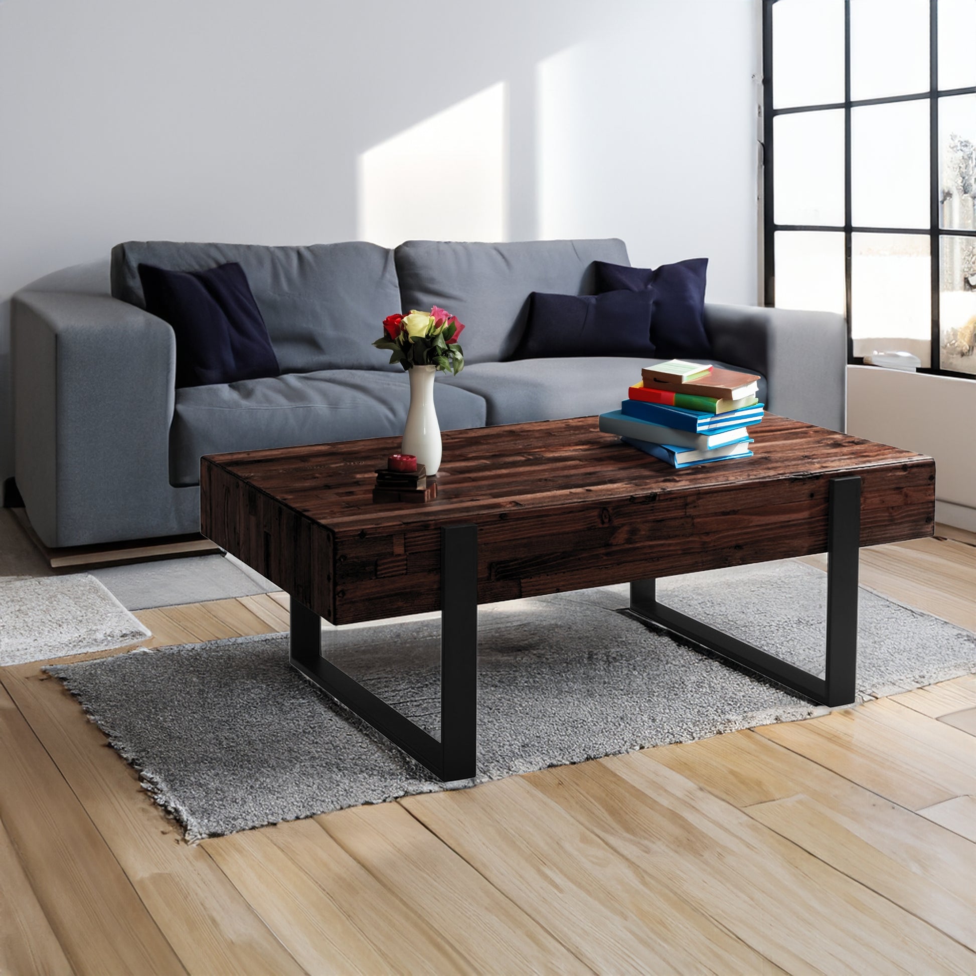 Rustica 120cm Coffee Table with Metal Leg Pine Wood Top Black - Cosy Abode