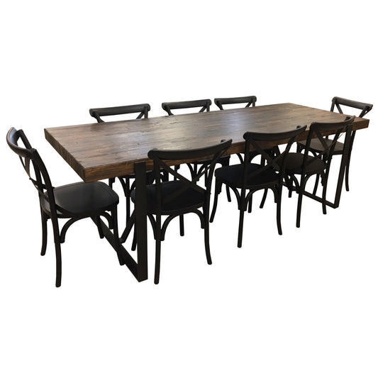 Rustica 9pc Dining Set 240cm Table 8 Chair Solid Timber Wood Seat Black - Cosy Abode