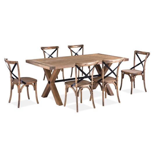 Woodland 7pc Set Dining Set 190cm Table Timber Wood 6 X-Back Chair Natural - Cosy Abode
