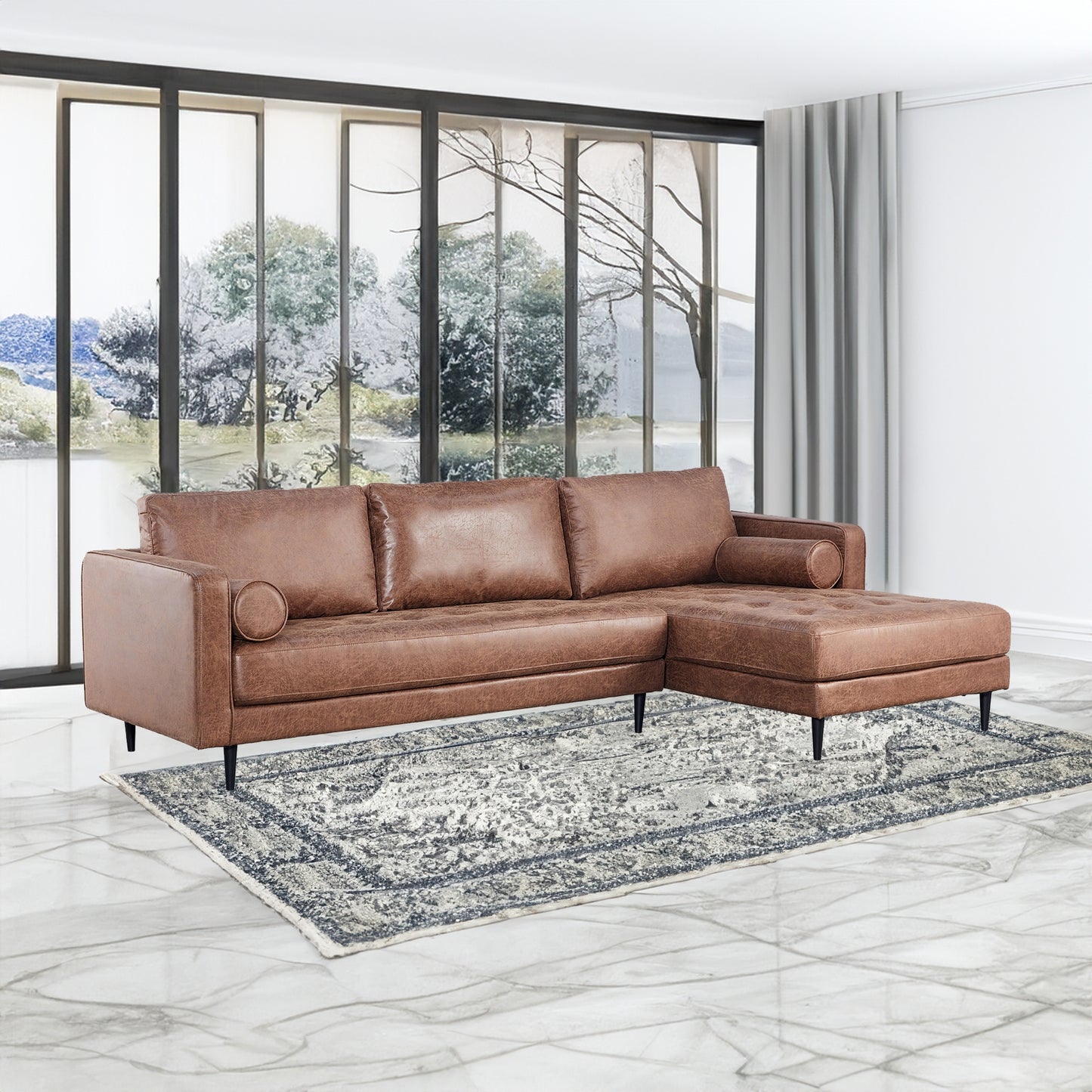 Chelsea 2 Seater Sofa Fabric Lounge Couch with RHF Chaise Dark Brown - Cosy Abode