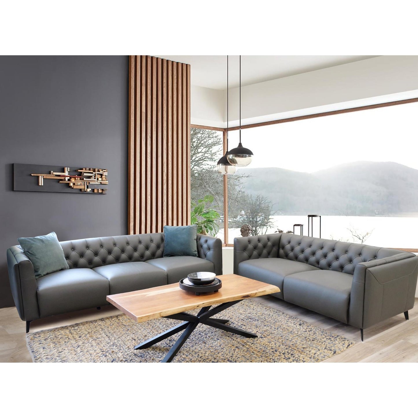 Luxe 2pc Genuine Forli Leather Sofa Set 2.5-3.5 Seater  Lounge Couch -Dark Grey - Cosy Abode