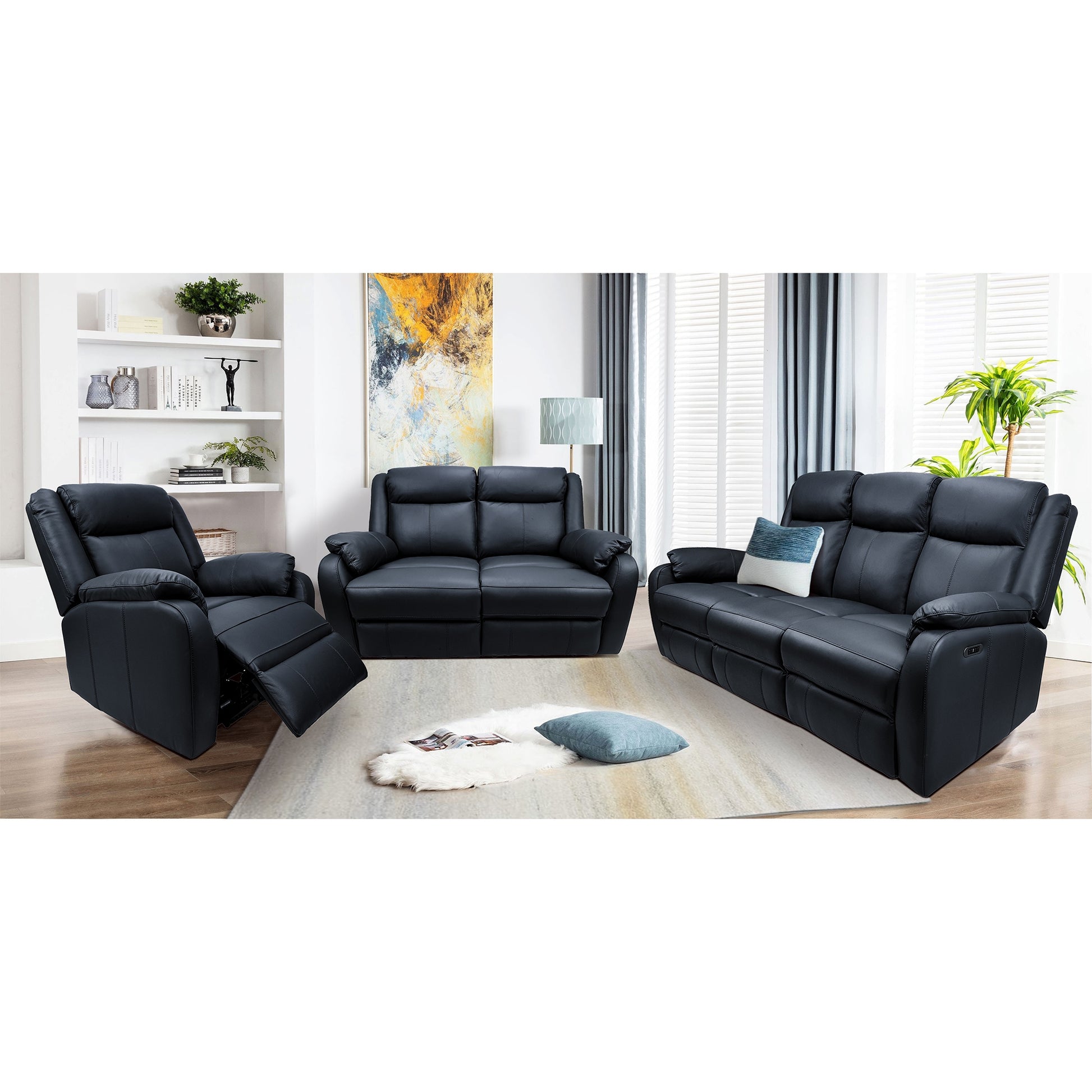Bella 3+2+1 Seater Electric Recliner Genuine Leather Upholstered Lounge - Black - Cosy Abode