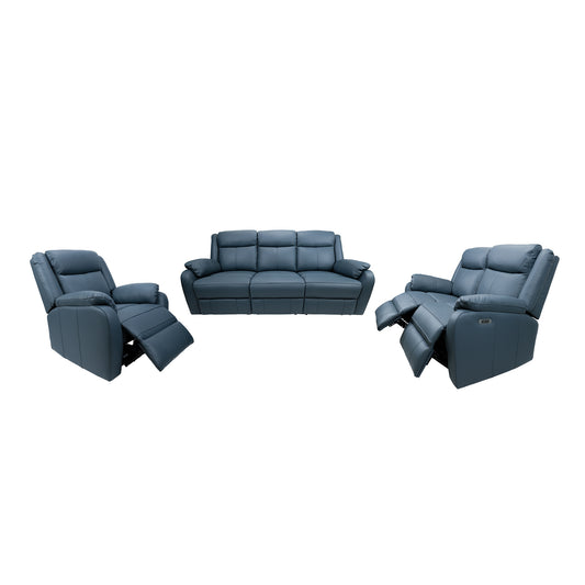 Bella 3+2+1 Seater Electric Recliner Genuine Leather Upholstered Lounge - Blue - Cosy Abode