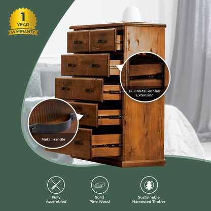 Umber Tallboy 6 Chest of Drawers Solid Pine Wood Storage Cabinet - Dark Brown - Cosy Abode