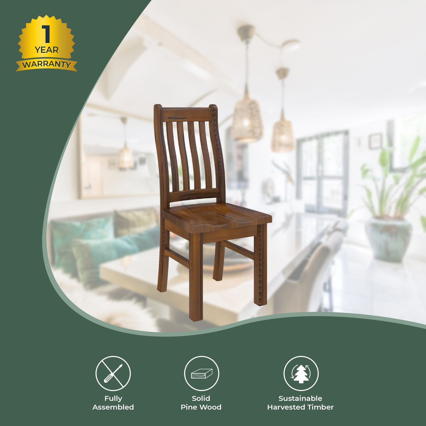 Umber Dining Chair Set of 2 Solid Pine Wood Home Dinner Furniture - Dark Brown - Cosy Abode