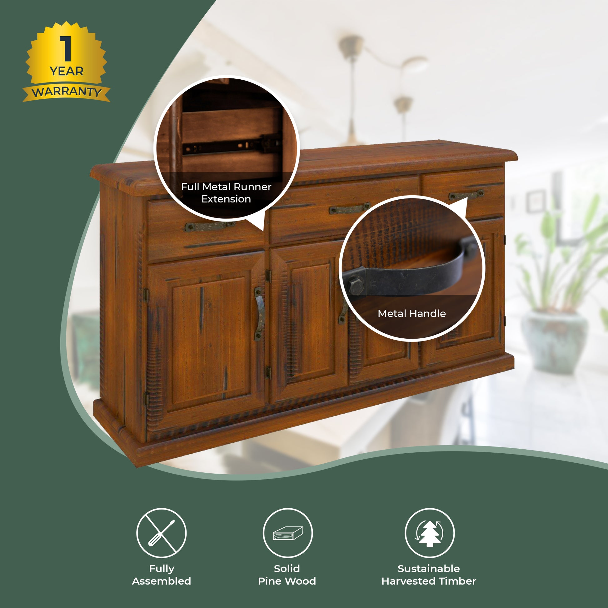 Umber Buffet Table 163cm 4 Door 3 Drawer Solid Pine Timber Wood - Dark Brown - Cosy Abode