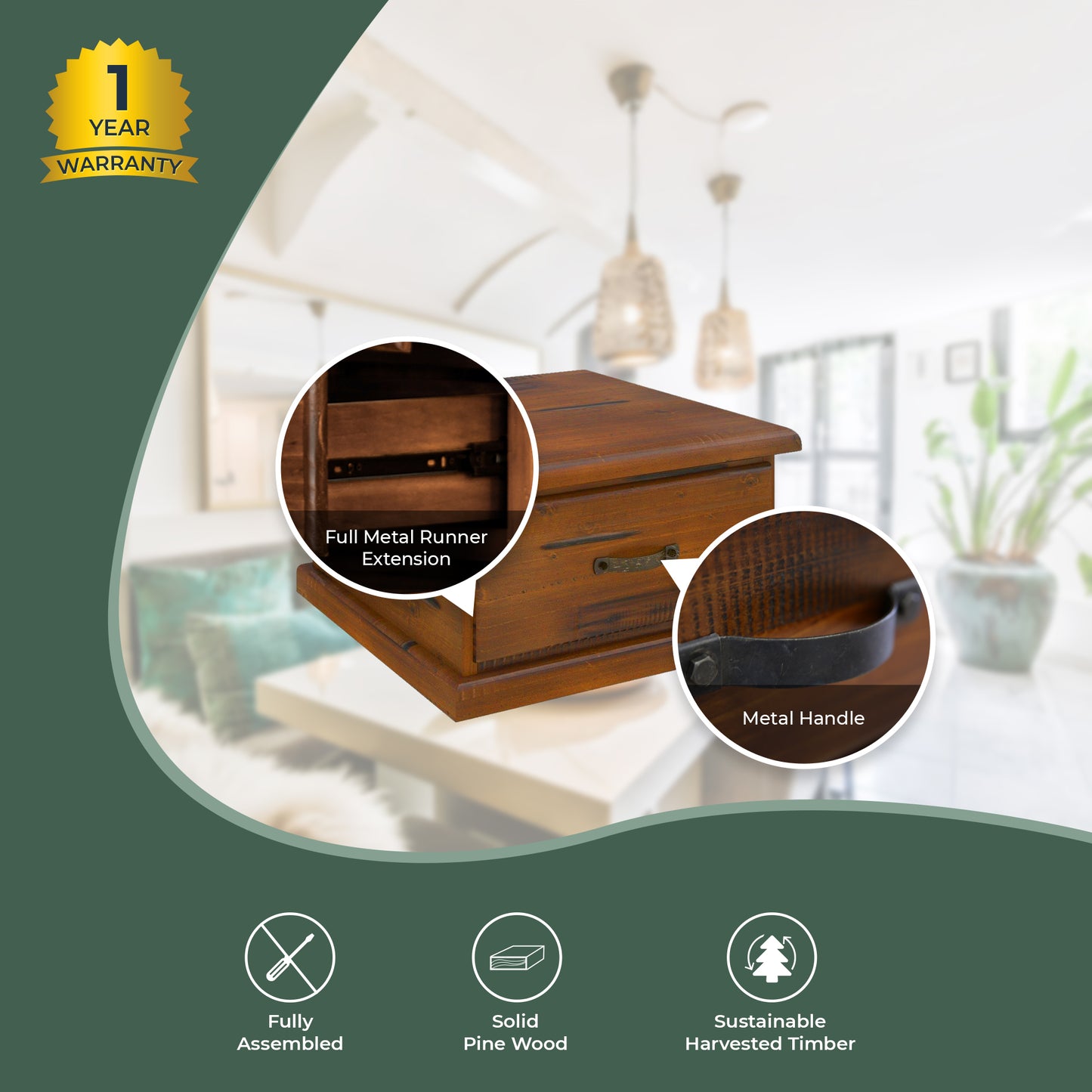 Umber Lamp Table Solid Pine Wood 1 Drawer Coffee Side Desk Sofa End - Dark Brown - Cosy Abode