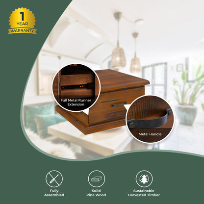 Umber Lamp Table Solid Pine Wood 1 Drawer Coffee Side Desk Sofa End - Dark Brown - Cosy Abode