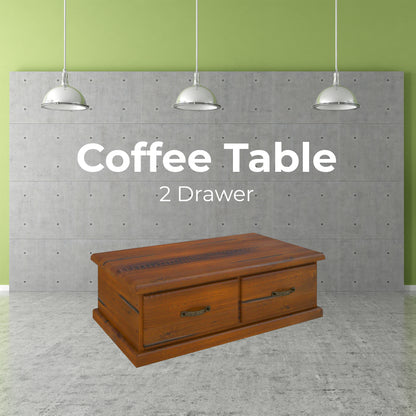 Umber Coffee Table 127cm 2 Drawer Solid Pine Timber Wood - Dark Brown - Cosy Abode