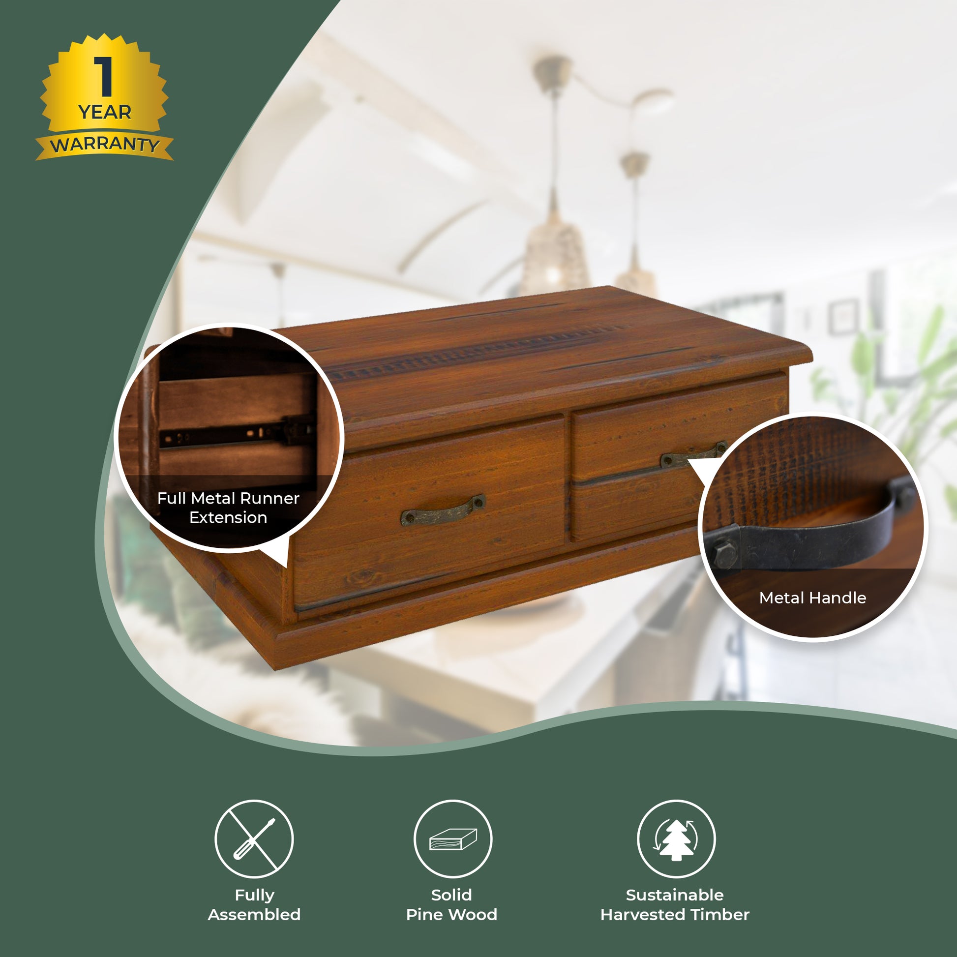 Umber Coffee Table 127cm 2 Drawer Solid Pine Timber Wood - Dark Brown - Cosy Abode