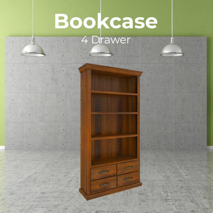Umber Bookshelf Bookcase 4 Tier Drawers Solid Pine Timber Wood - Dark Brown - Cosy Abode