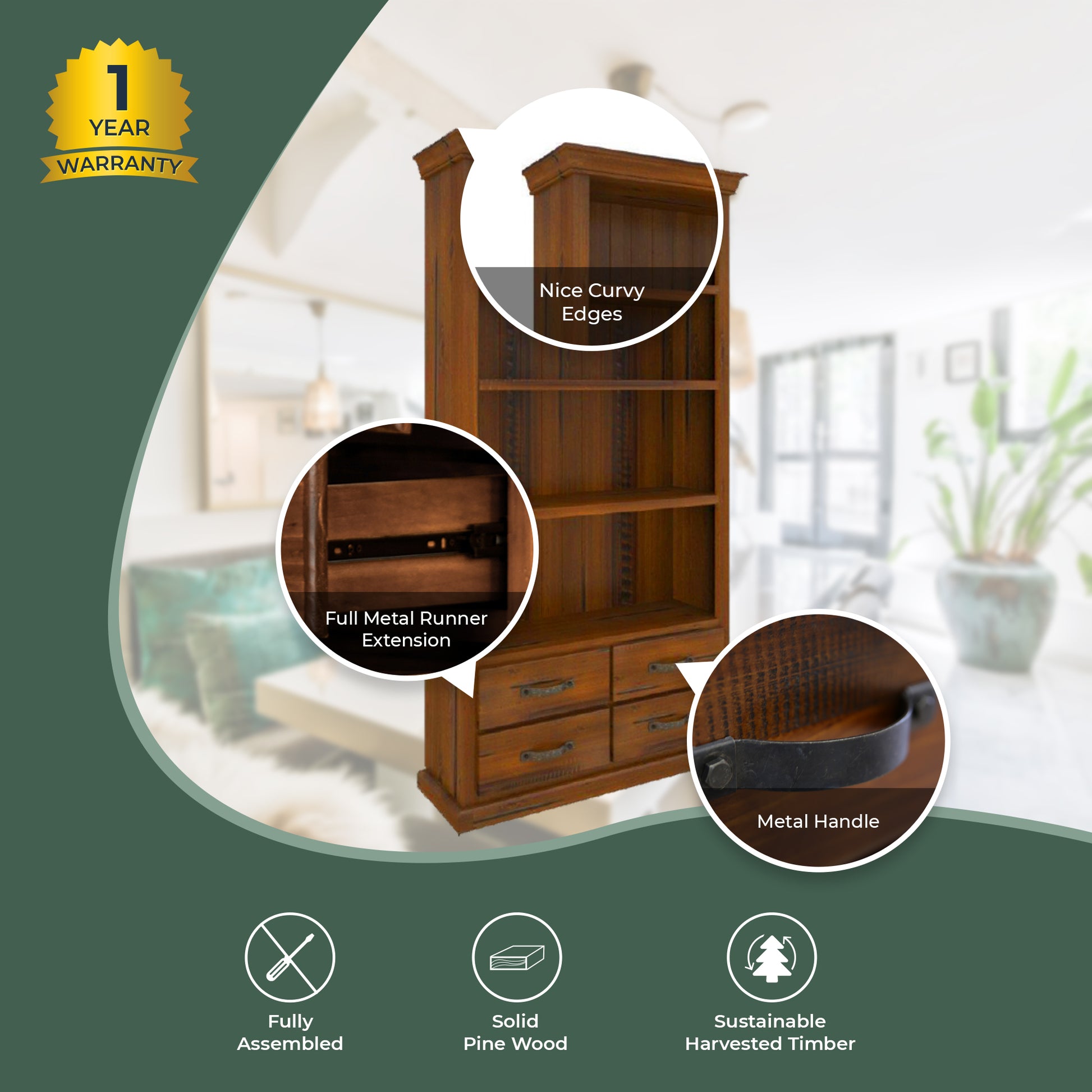 Umber Bookshelf Bookcase 4 Tier Drawers Solid Pine Timber Wood - Dark Brown - Cosy Abode