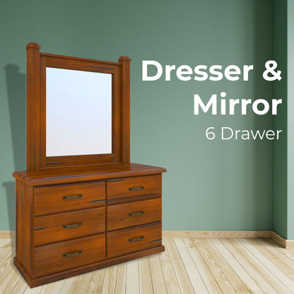 Umber Dresser Mirror 7 Chest of Drawers Solid Wood Storage Cabinet - Dark Brown - Cosy Abode