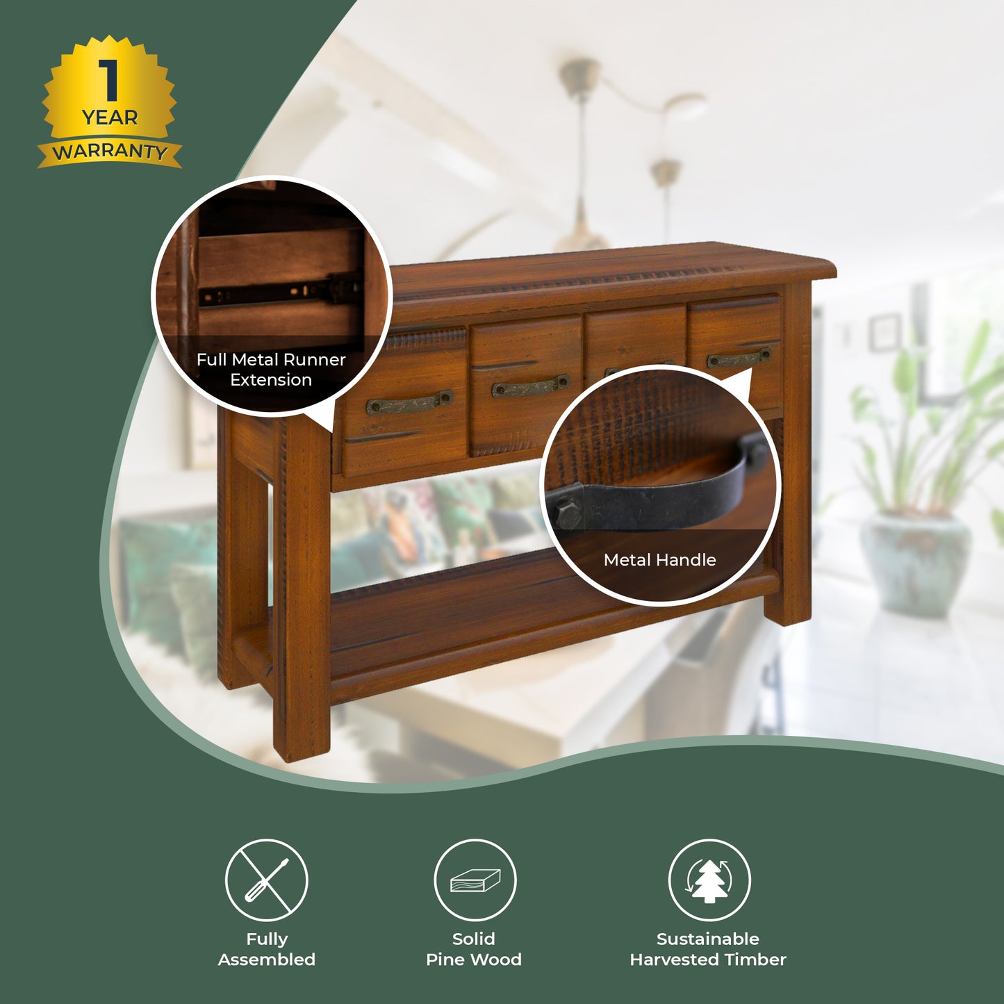 Umber Console Hallway Entry Table 136cm Solid Pine Timber Wood - Dark Brown - Cosy Abode