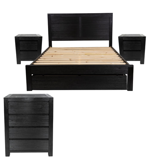 Tofino 4pc Queen Bed Suite Bedside Tallboy Bedroom Furniture Package - Black - Cosy Abode