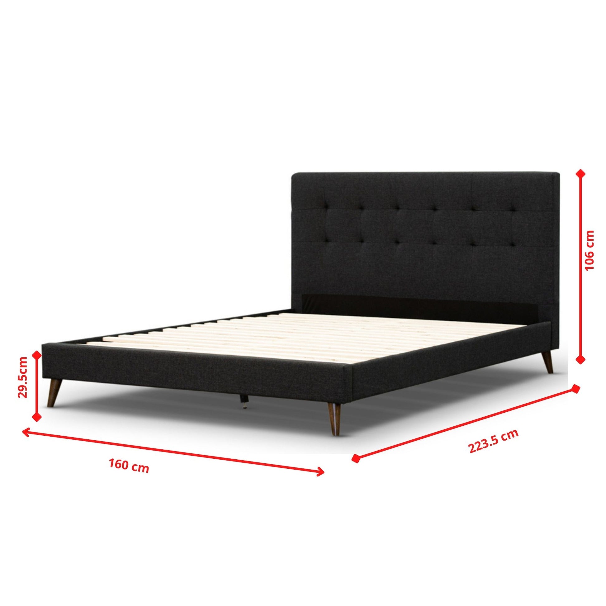 Volga Queen Bed Platform Frame Fabric Upholstered Mattress Base - Charcoal - Cosy Abode