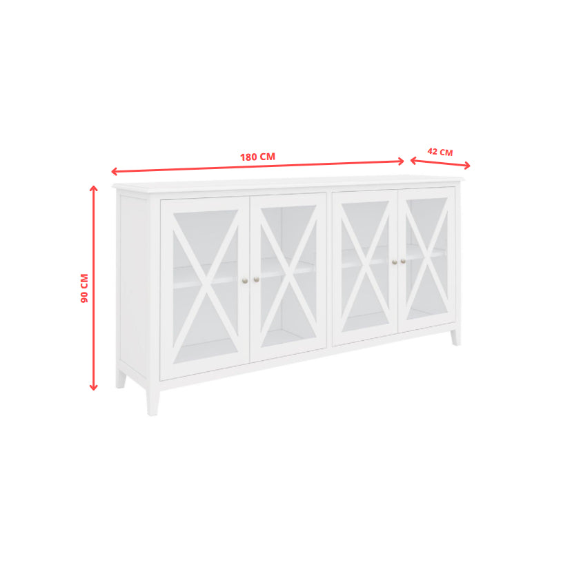 Daisy Buffet Table 180cm 4 Glass Door Solid Acacia Wood Hampton Furniture -White - Cosy Abode