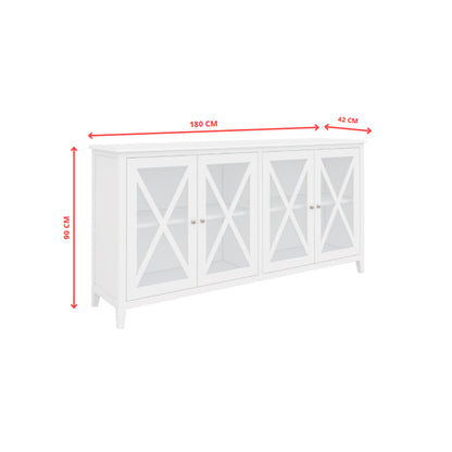 Daisy Buffet Table 180cm 4 Glass Door Solid Acacia Wood Hampton Furniture -White - Cosy Abode