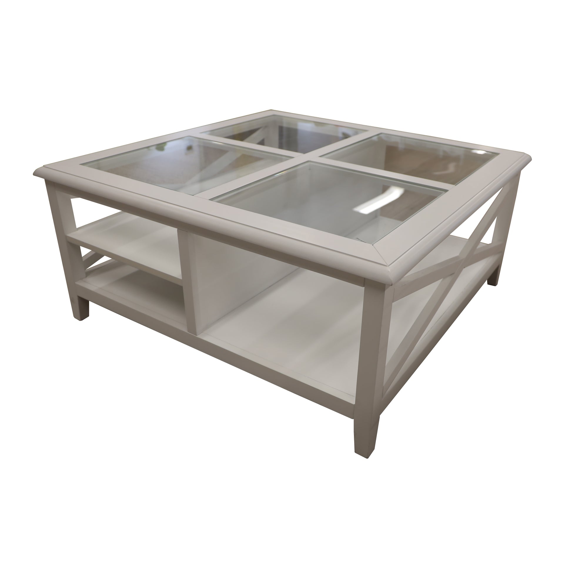 Daisy Coffee Table 100cm Glass Top Solid Acacia Wood Hampton Furniture - White - Cosy Abode