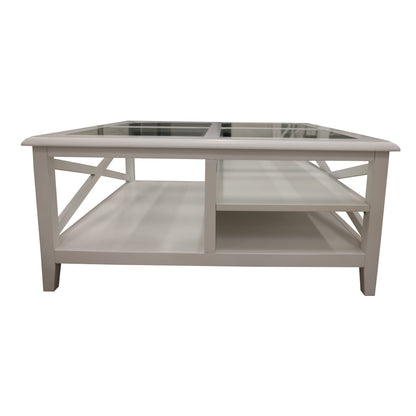 Daisy Coffee Table 100cm Glass Top Solid Acacia Wood Hampton Furniture - White - Cosy Abode