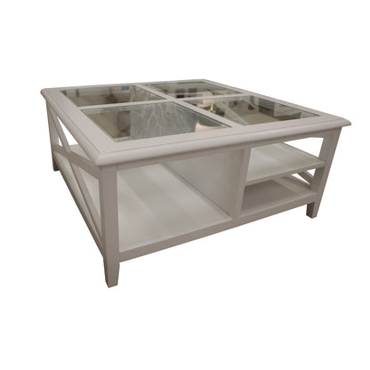 Daisy Coffee Table 100cm Glass Top Solid Acacia Wood Hampton Furniture - White - Cosy Abode