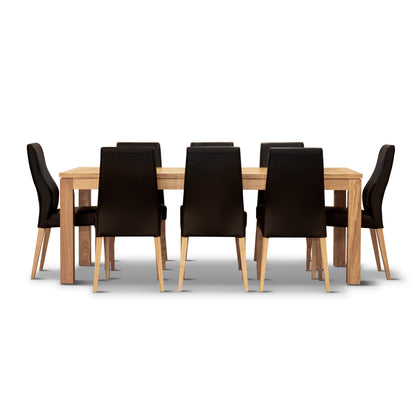 Rosemallow 9pc Dining Set 210cm Table 8 Black PU Chair Solid Messmate Timber - Cosy Abode