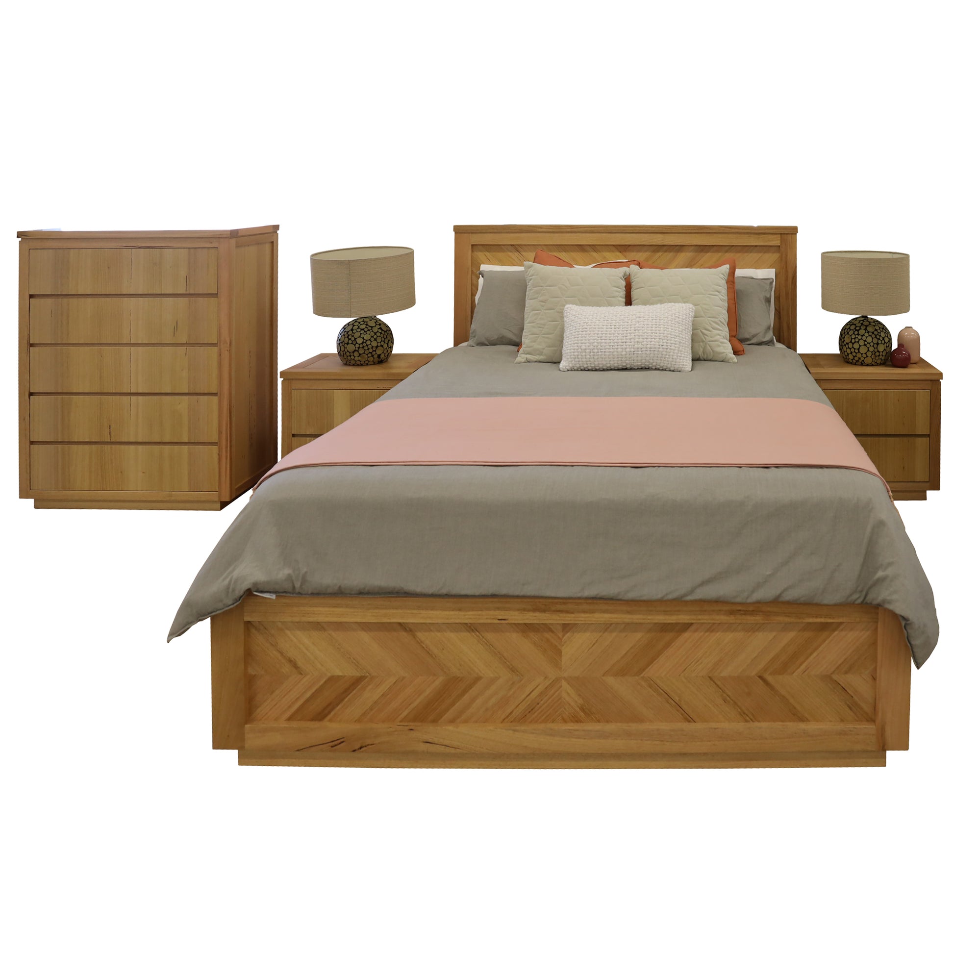 Rosemallow 4pc Queen Bed Frame Bedroom Suite Timber Bedside Tallboy Package Set - Cosy Abode