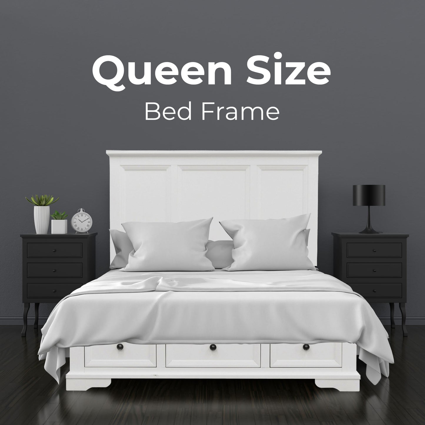Celosia Queen Size Bed Frame Timber Mattress Base With Storage Drawers - White - Cosy Abode