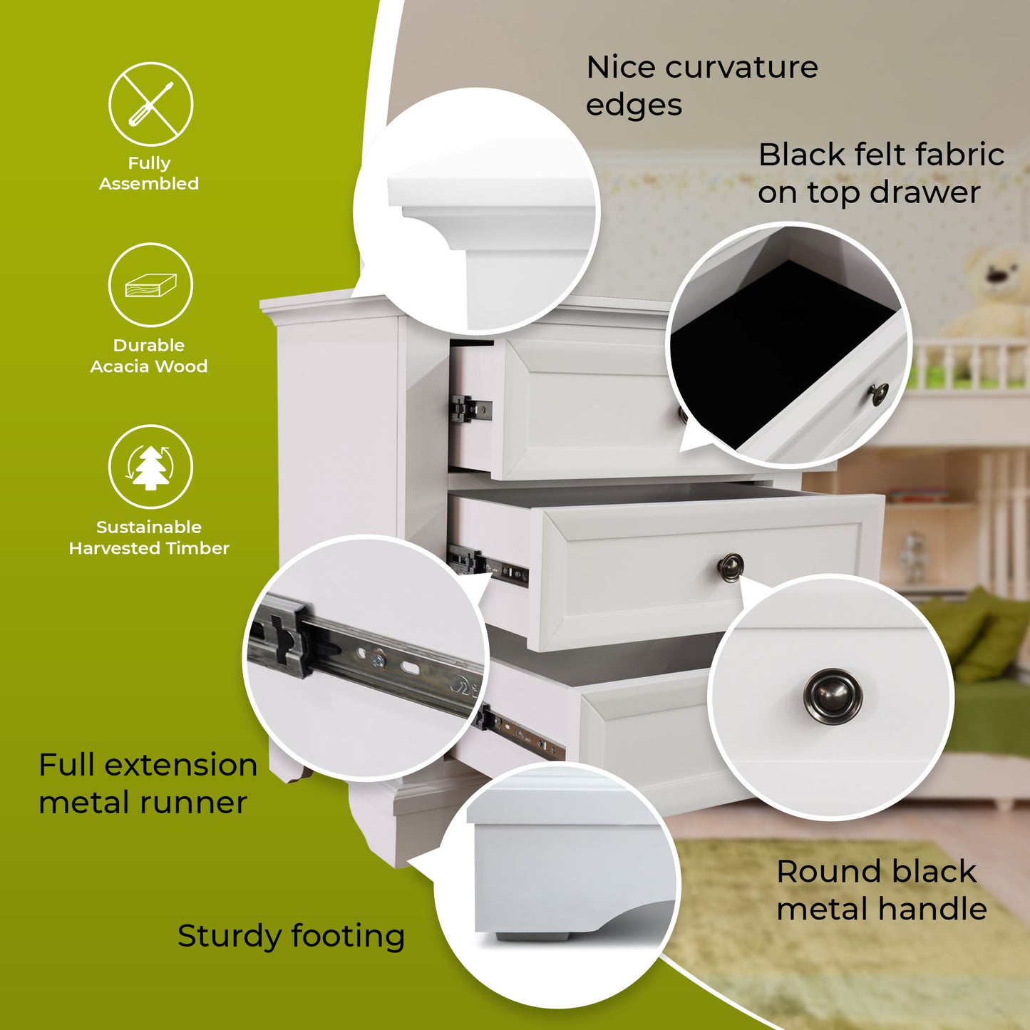 Celosia 2pc Bedside Tallboy 3pc Bedroom Set Nightstand Storage Cabinet - White - Cosy Abode