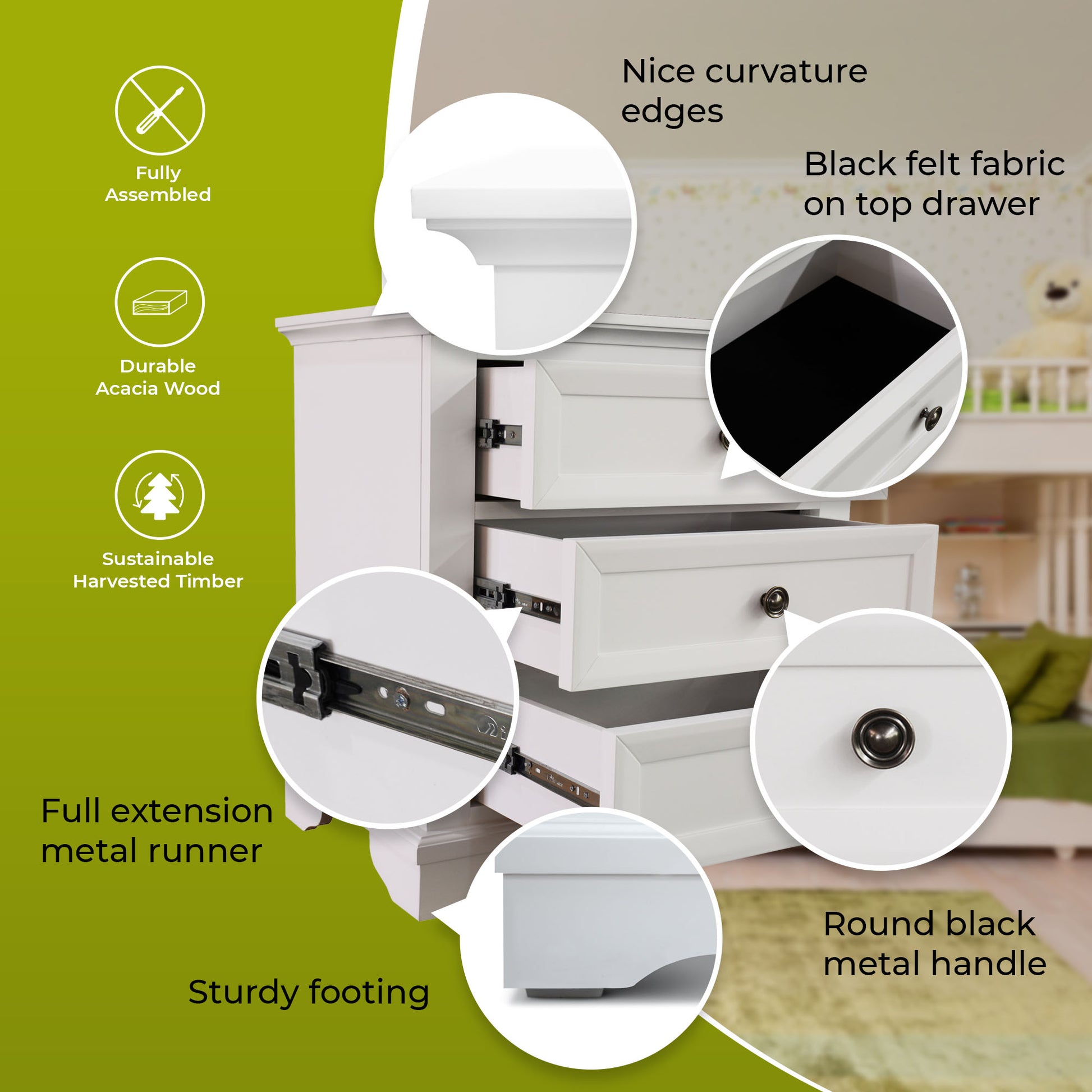 Celosia 4pc Bedside Dresser Mirror Bedroom Chest of Drawers Set Cabinet - White - Cosy Abode