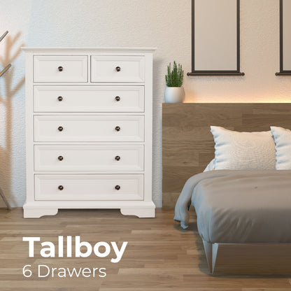 Celosia Tallboy 6 Chest of Drawers Solid Acacia Wood Bed Storage Cabinet - White - Cosy Abode