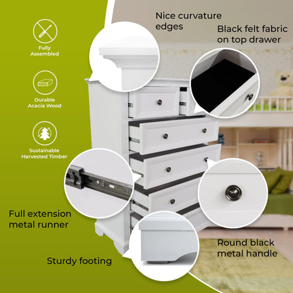 Celosia Tallboy 6 Chest of Drawers Solid Acacia Wood Bed Storage Cabinet - White - Cosy Abode