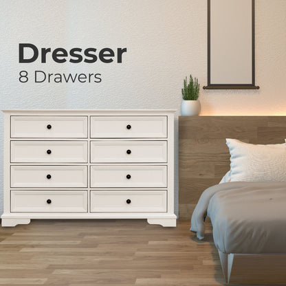 Celosia Dresser 8 Chest of Drawers Bedroom Acacia Timber Storage Cabinet - White - Cosy Abode