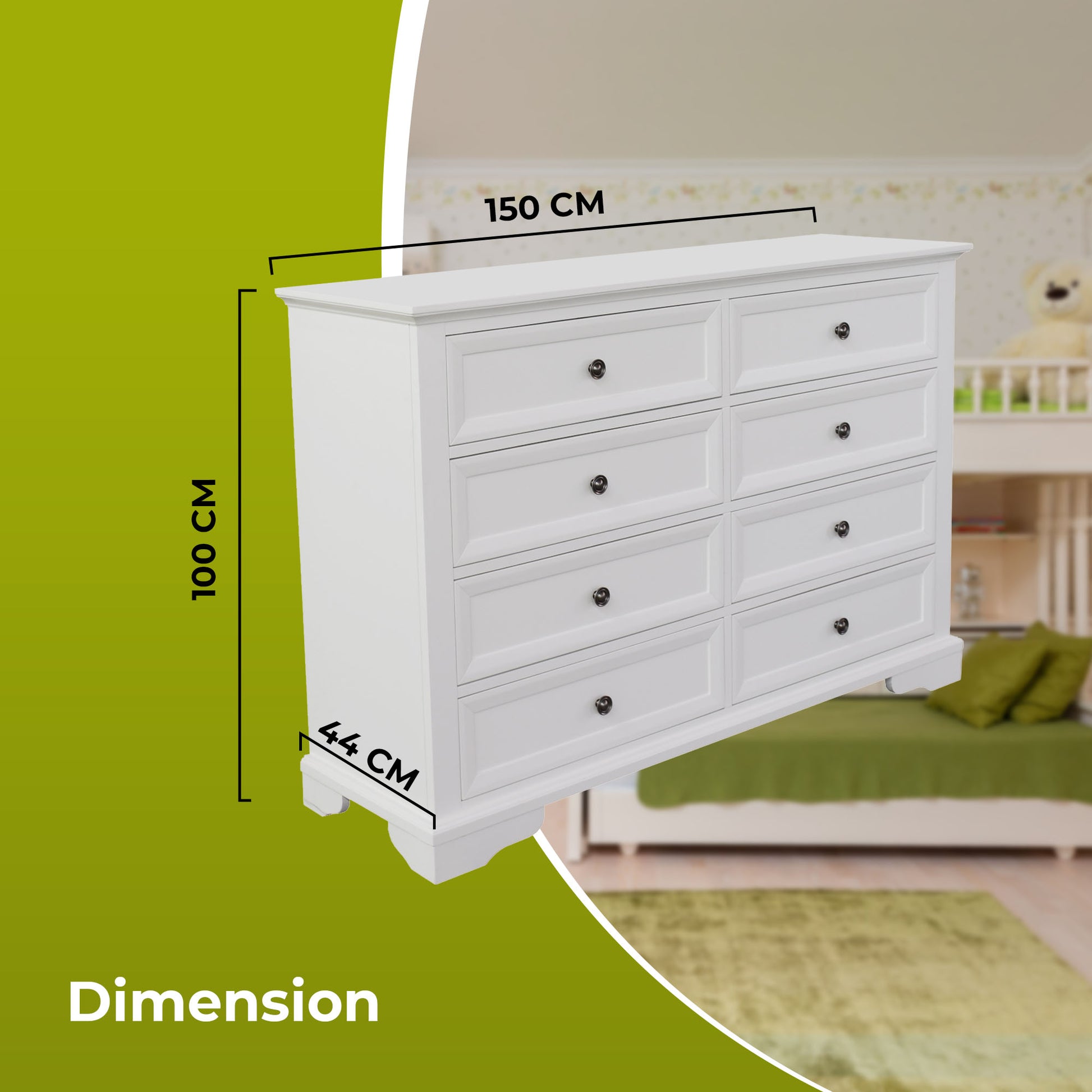 Celosia Dresser 8 Chest of Drawers Bedroom Acacia Timber Storage Cabinet - White - Cosy Abode