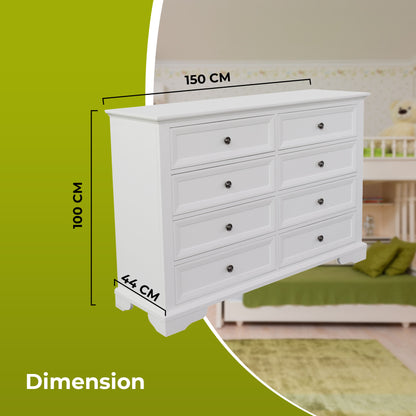 Celosia Dresser 8 Chest of Drawers Bedroom Acacia Timber Storage Cabinet - White - Cosy Abode