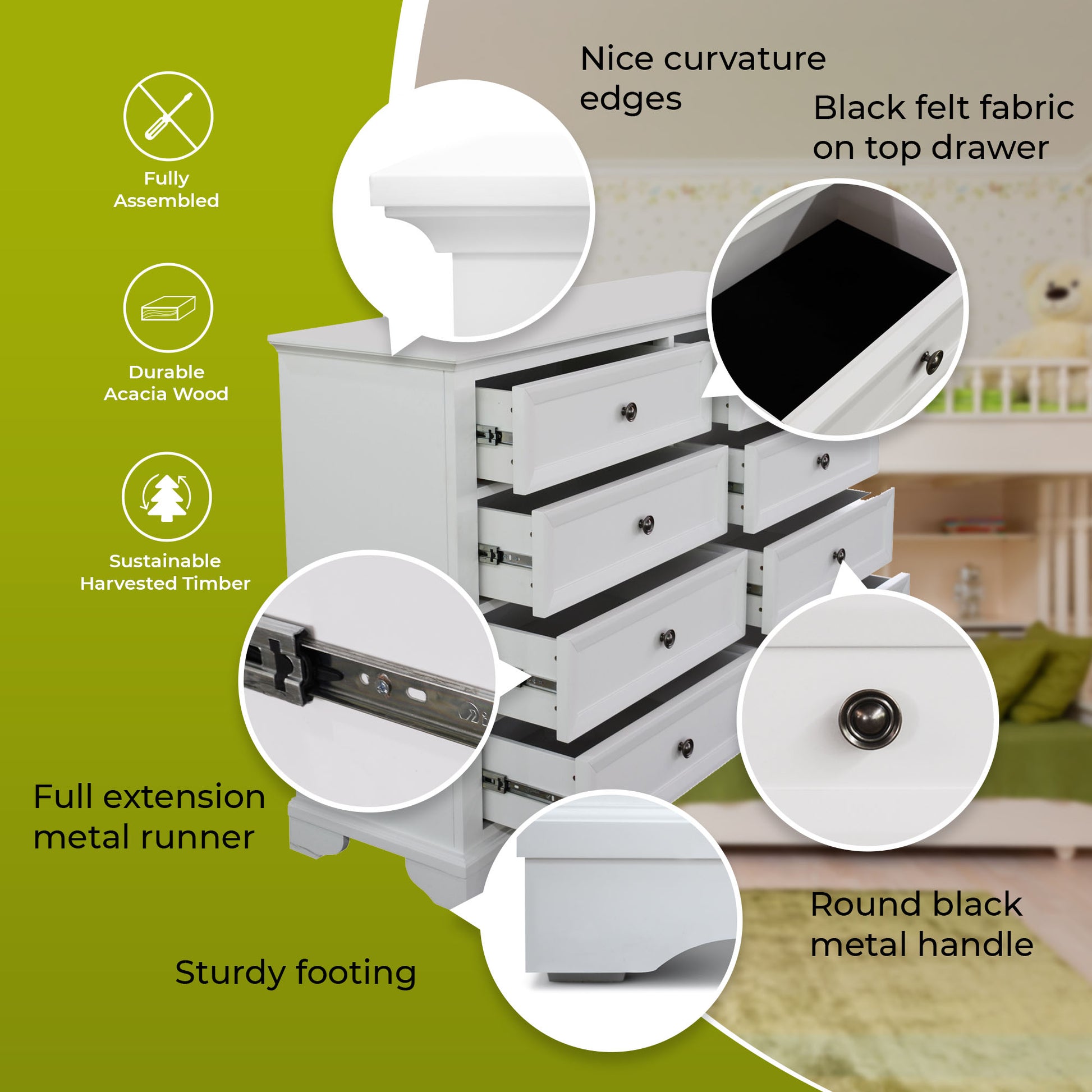 Celosia Dresser 8 Chest of Drawers Bedroom Acacia Timber Storage Cabinet - White - Cosy Abode