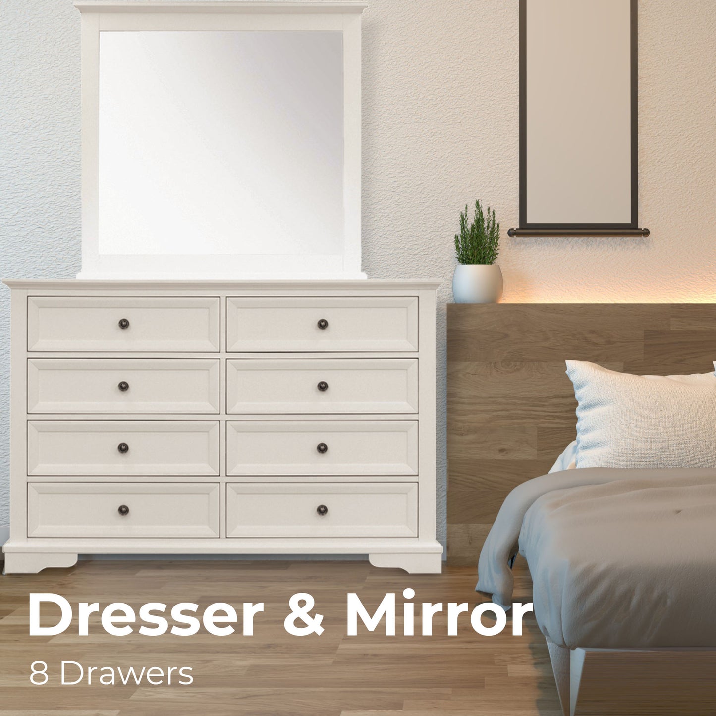 Celosia Dresser Mirror 8 Chest of Drawers Bedroom Timber Storage Cabinet - White - Cosy Abode
