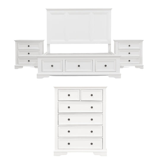 Celosia 4pc King Bed Frame Bedroom Suite Timber Bedside Tallboy Package - White - Cosy Abode