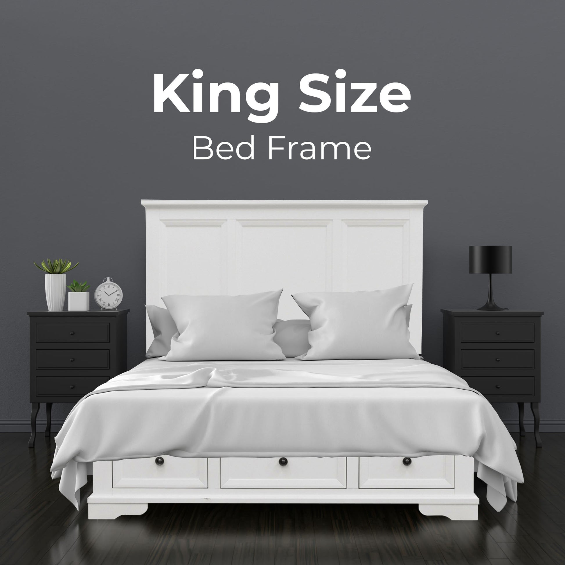 Celosia 4pc King Bed Frame Bedroom Suite Timber Bedside Tallboy Package - White - Cosy Abode