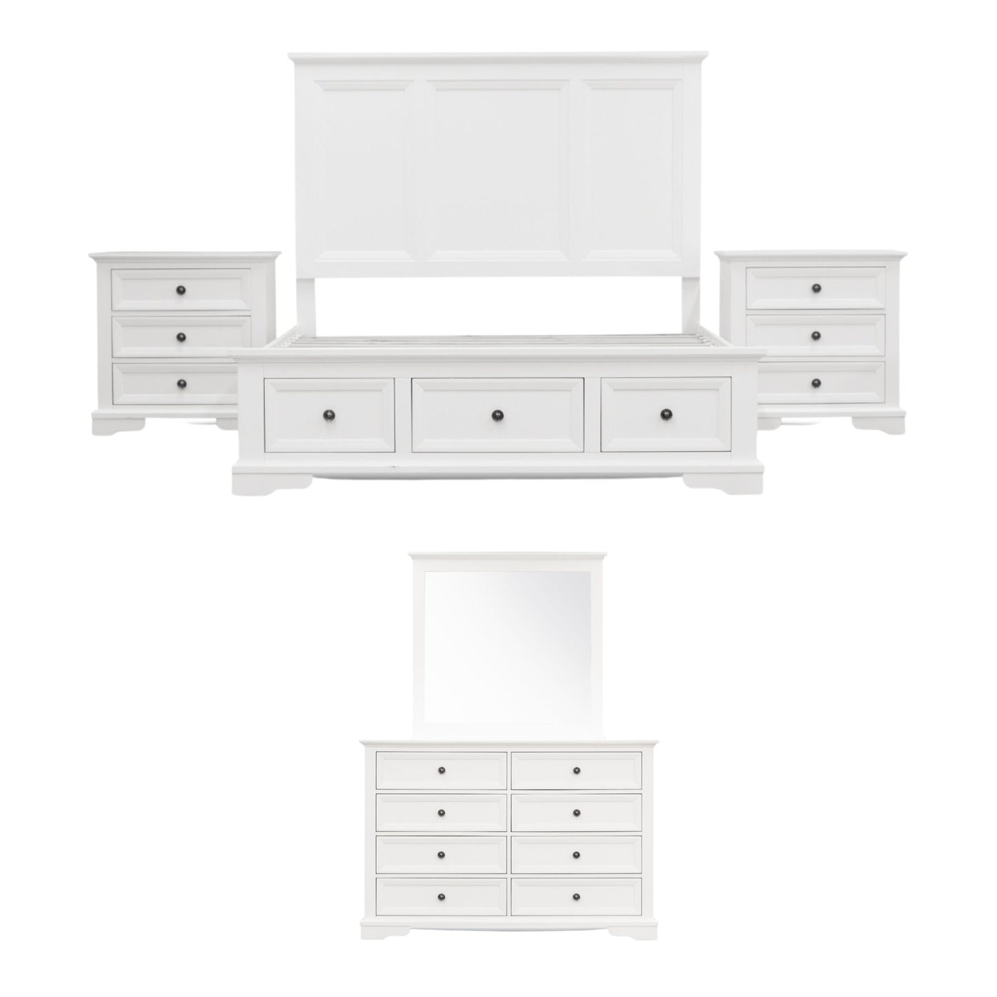 Celosia 5pc Queen Bed Frame Bedroom Suite Bedside Dresser Mirror Package - White - Cosy Abode