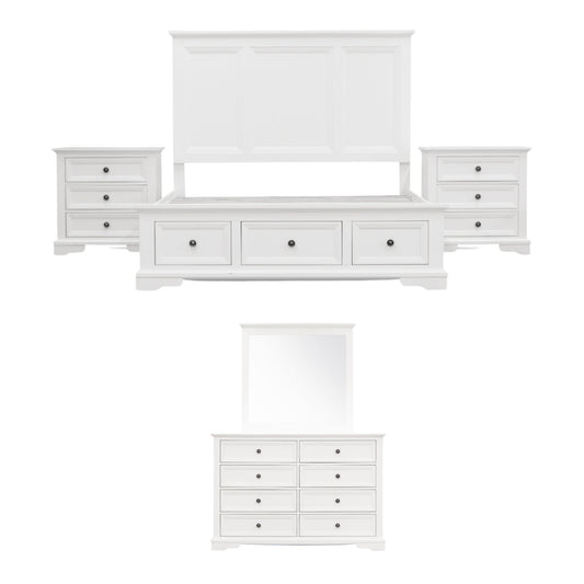 Celosia 5pc Queen Bed Frame Bedroom Suite Bedside Dresser Mirror Package - White - Cosy Abode