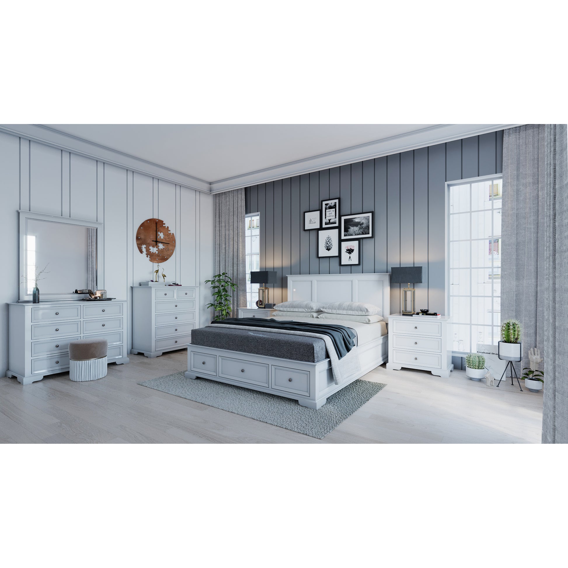 Celosia 4pc Queen Bed Frame Bedroom Suite Timber Bedside Tallboy Package - White - Cosy Abode