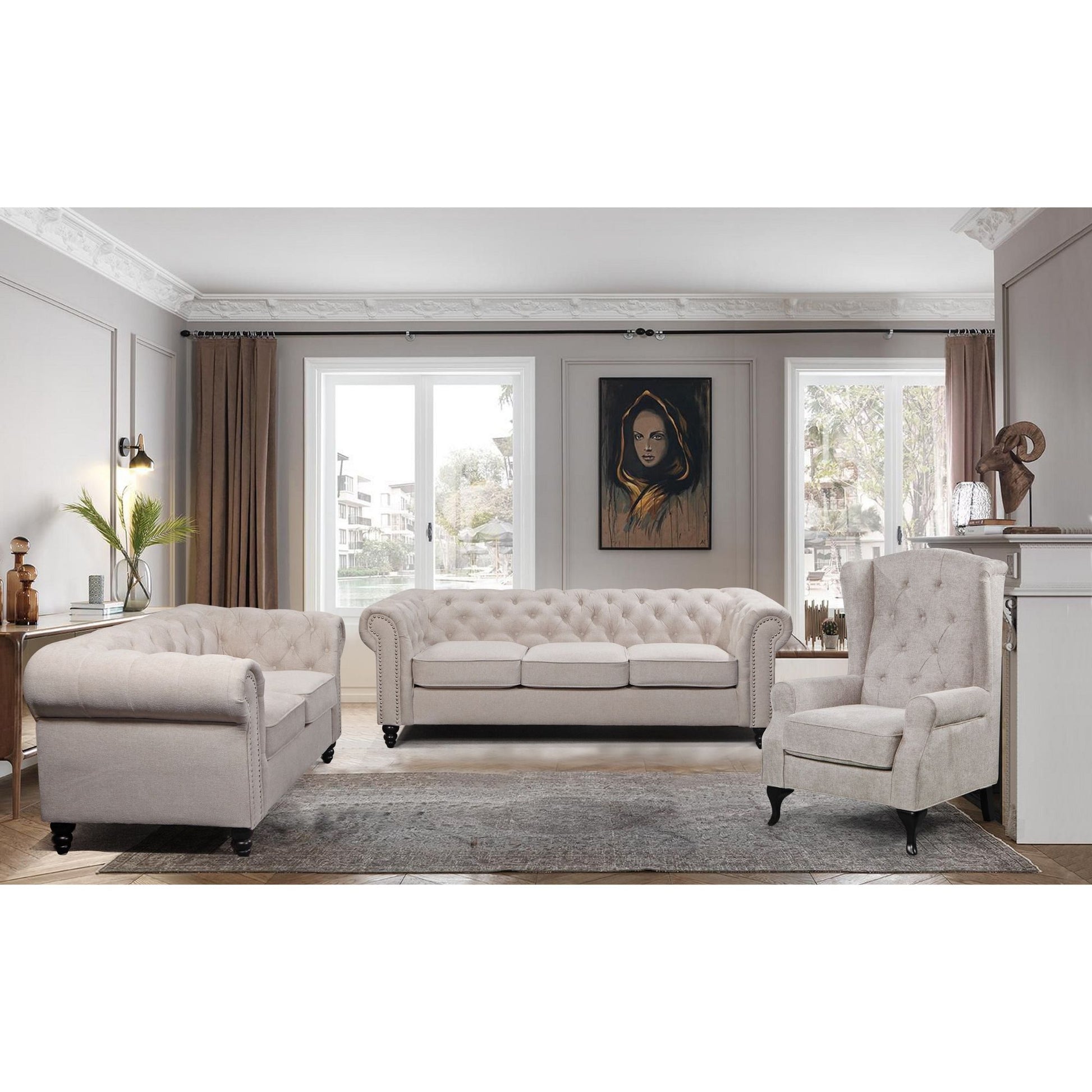 Mellowly 3 Seater Sofa Fabric Uplholstered Chesterfield Lounge Couch - Beige - Cosy Abode